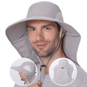 Outdoor Fisherman Hat for Men Women Summer Quick Drying Neck Protection Visor Cap Anti UV Breathable Fishing Safari Hat (Color: LIGHT GRAY)