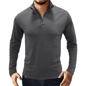 Men's Casual Polo Shirts 1/4 Zip Long Sleeve Shirt Outdoor Stand Up Collar Slim Fit Shirts (Color: Brown, size: XL-Large)