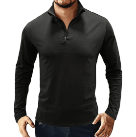 Men's Casual Polo Shirts 1/4 Zip Long Sleeve Shirt Outdoor Stand Up Collar Slim Fit Shirts (Color: Black, size: large)