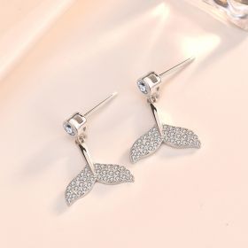 Girl Hot CZ Mermaid Fish Tail 925 Sterling Silver Stud Earrings (Color: Silver)