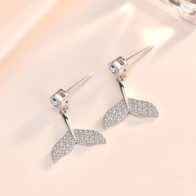 Girl CZ Fish Tail Animal 925 Sterling Silver Dangling Earrings (Color: Silver)