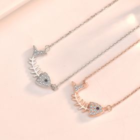 Gift CZ Fish Bones 925 Sterling Silver Necklace (Color: Rose Gold)